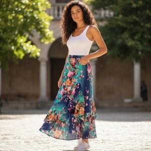 Fuzzi $430 Floral Pick Up Skirt Medium Midi Ruffle Tiered Blue Multi Color NEW